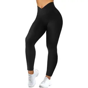 MOOSLOVER Women's V-Cross Waist Butt-Lifting High-Waisted Yoga Pants with Pockets, Sporty Sports Bottoms for Yoga, Workout