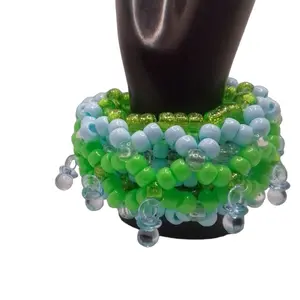 Kandi Shaker Cuff - Lime Green and Baby Blue Pony Beads - Light Blue Pacifiers Shake - EDM Kandi Rave Bracelet