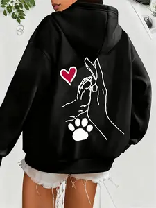 Women’s Dog & Heart Paw Print Hooded Sweatshirt – Cozy Soft Pullover Hoodie with Pet Lover Design, Long Sleeve Casual Winter Sweater for Fall & Winter, Paw Print & Bone Pattern, Front Pocket Polyester Fiber Material