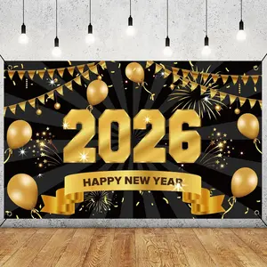 Happy New Years Eve Supplies 2026 - Black and Gold Large New Years Backdrop 2026, New Year Eve Banner Party Decorations 2026 Party Decor for Adults Kids