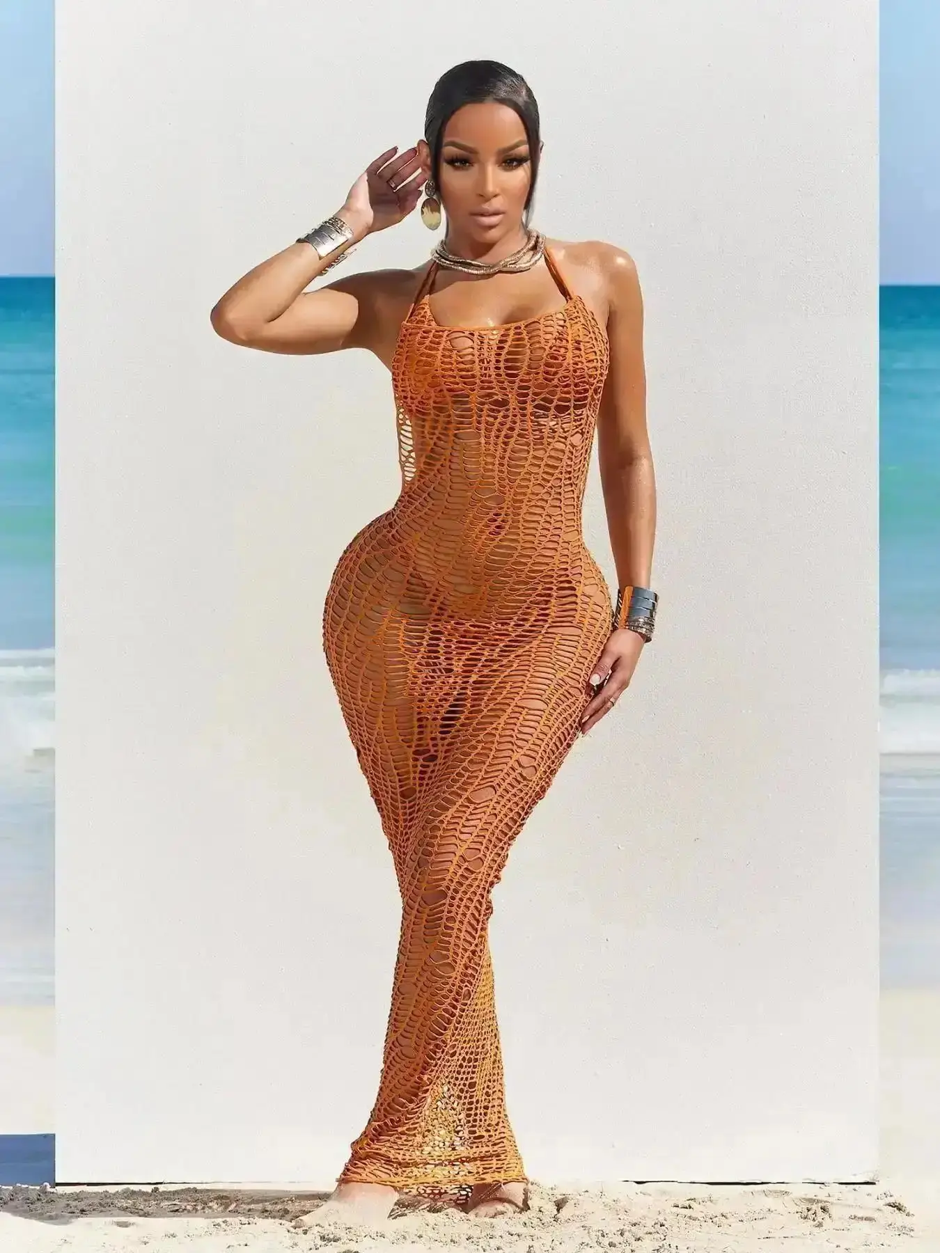 2026 Three-piece Set Women's Solid Color Crochet Bathing Suit Set, Casual Hollow Out Sleeveless Cover Up Dress & Bikini Set, Ladies Summer Swimwear Coverups Swimsuit for Beach Holiday Vacation