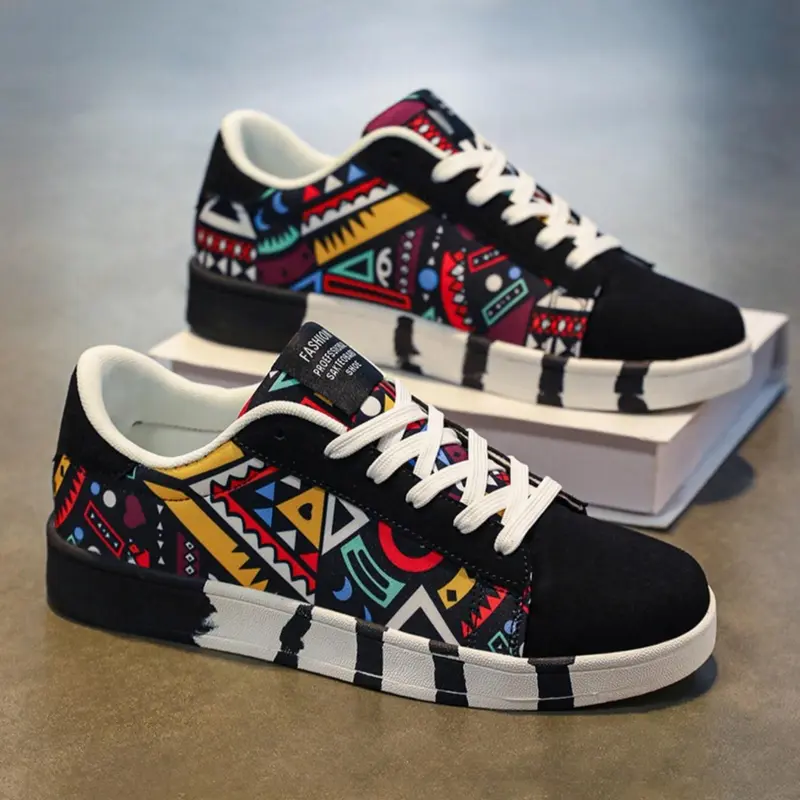 Men's Fashionable Geometric Pattern Lace Up Skate Shoes, Artistic Streetwear Shoes, Casual Comfortable Sports Shoes for Daily Wear, Male All-match Round Toe Shoes for Daily Wear, Trending Shoes, Skateboarding Shoes, Skate Footwear