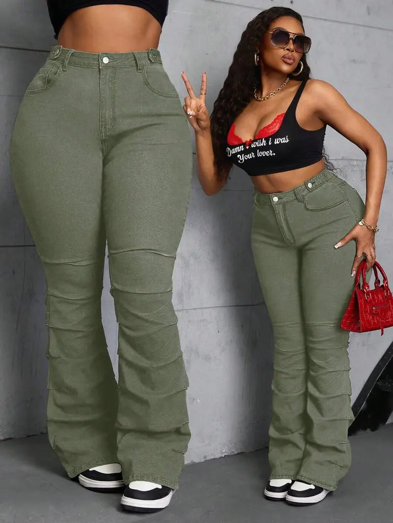 SXY Plus Size Women Denim Elastic Retro Side Pleated Flare Pants, Slimming  Summer Outfits For Women Festival Outfits