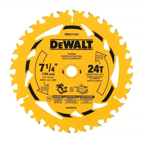 DEWALT DWA271424 – Caja de 10 Hojas de Sierra Circular de 7-1/4" y 24 Dientes para Framing y Madera
