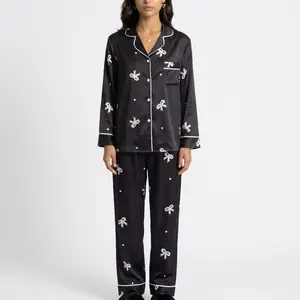 Anna-Kaci Lounge Women's Printed Satin Pajama Set with Button-Up Long Sleeve Top and Piping Detail for Everyday Wear - Small, Black
