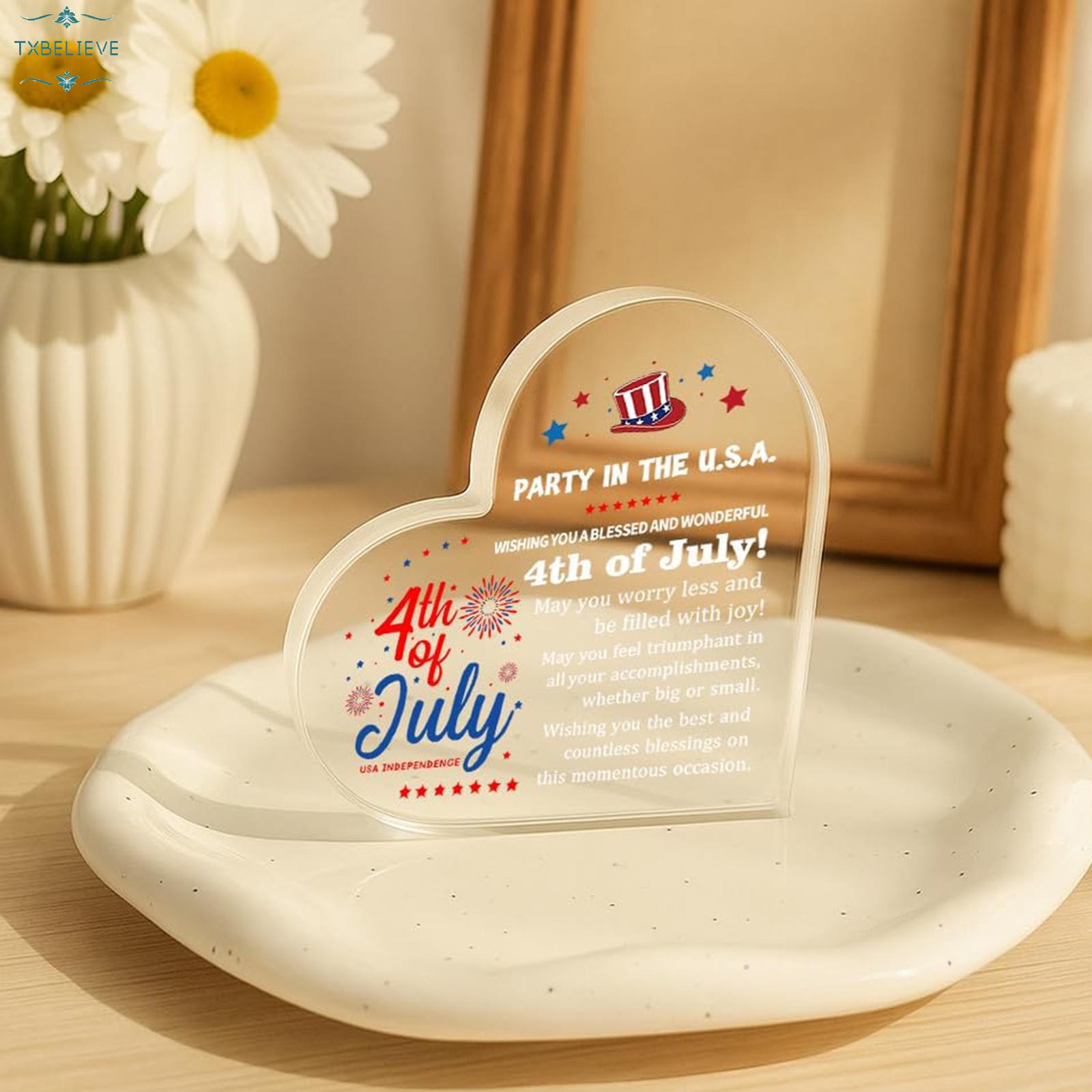 4th of July Gift Heart Shape Acrylic Ornament Block 3.9x3.9 inch for Women Patriotic Stars Stripes Home Desk Festive Glossy Finish