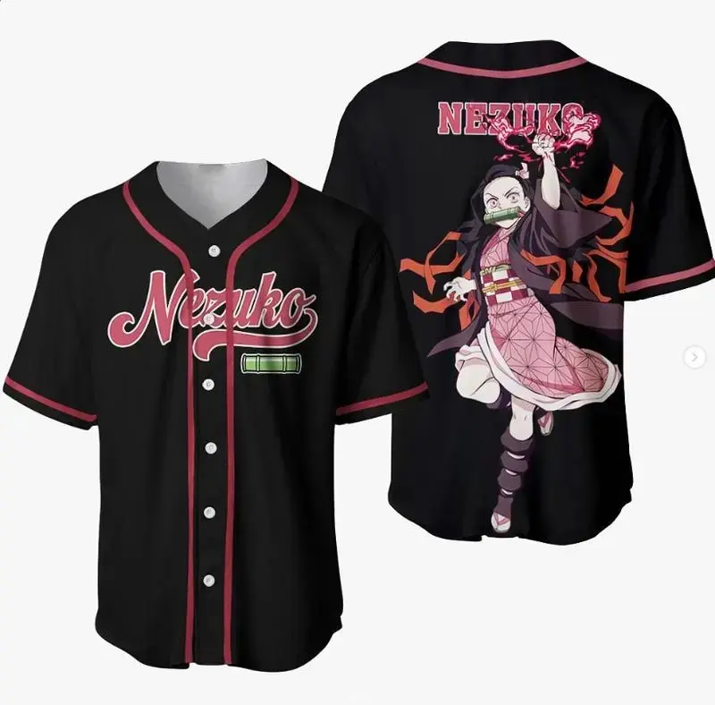 Nezuko Demon Slayer Anime Baseball Jersey | Unisex Premium Breathable Mesh Button Down Shirt | Soft Polyester High Definition Print Streetwear Tee Cosplay Merch Gift for Men & Women