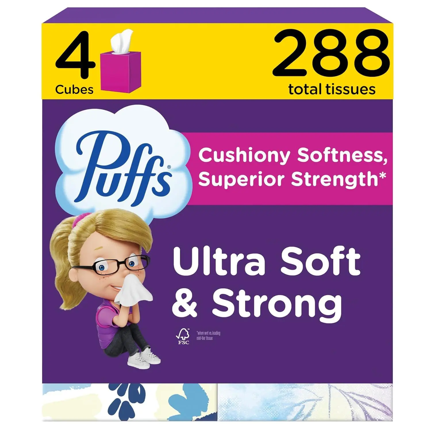 Puffs Facial Tissues Ultra Soft, 4 Mega Cube Boxes, 72 Facial Tissues per Box, Allergies and Colds (Packaging May Vary)