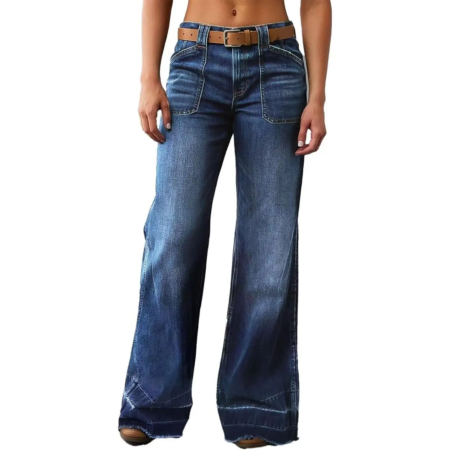 Flamingals Wide Straight Leg Mid Rise Baggy Pocket Denim Jeans Without Belt