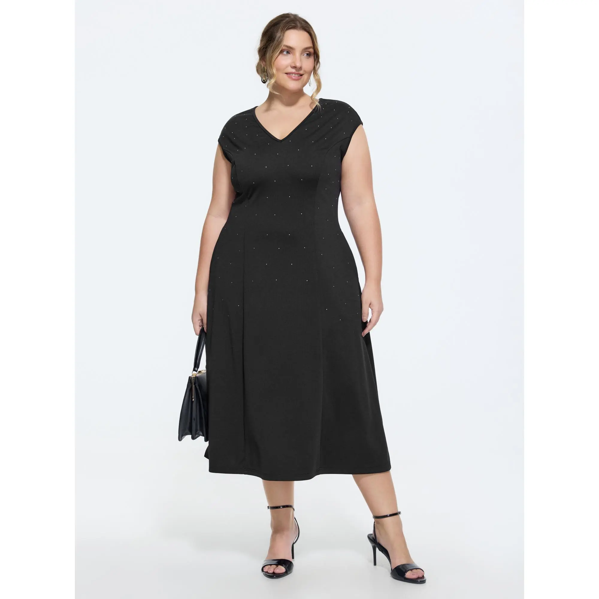 BloomChic Plus Size Timeless Cable Knit Midi Dress, Stylish Rhinestone V-Neck with Cap Sleeves and Hidden Pocket, Plus Size Clothes, Stylish Women's Wear, Fabric, Polyester, Rhinestones, Classic, Elastane, Cold Wash, Spandex, Garment, Casual Wear, Plus Si