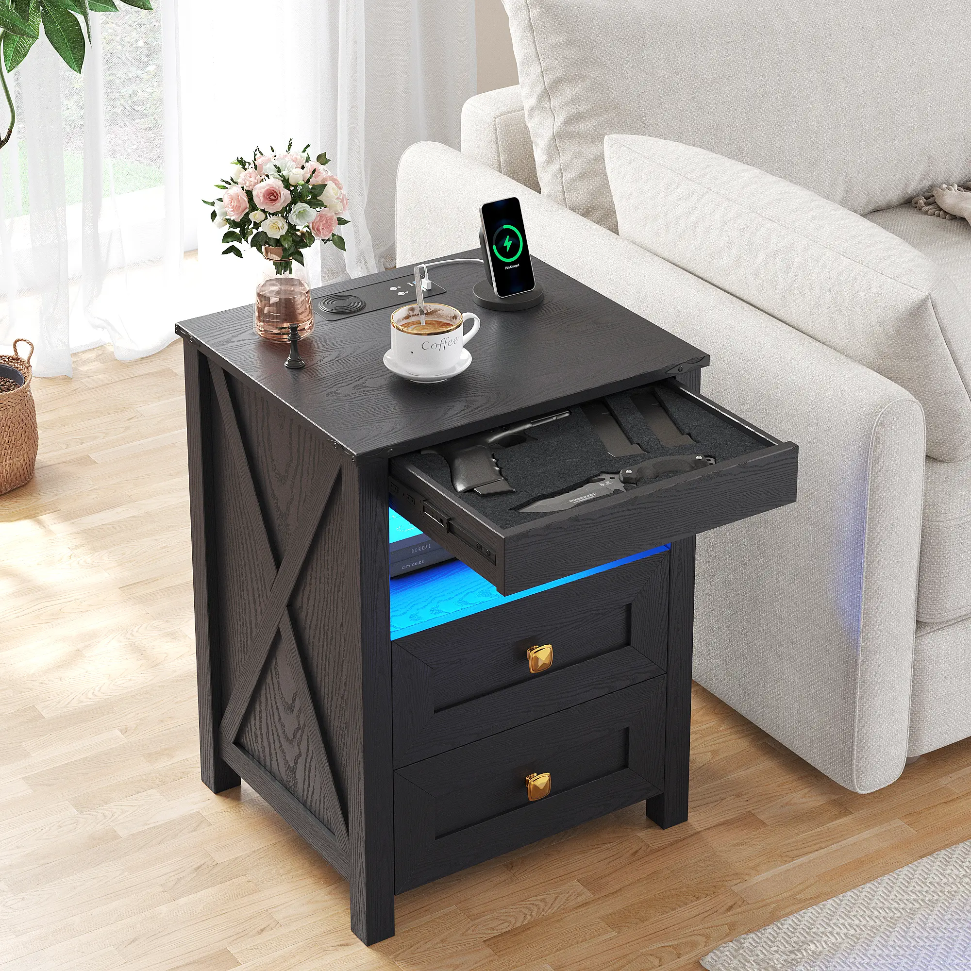 FREDEES Farmhouse Style LED Narrow Side Table with Gunmetal Drawer, USB Charging Station, Smart Human Sensor Color Lights, Lockable Cabinet, Wireless Function - Assembly Required Indoor Bedroom Bedside/Living Room End Table