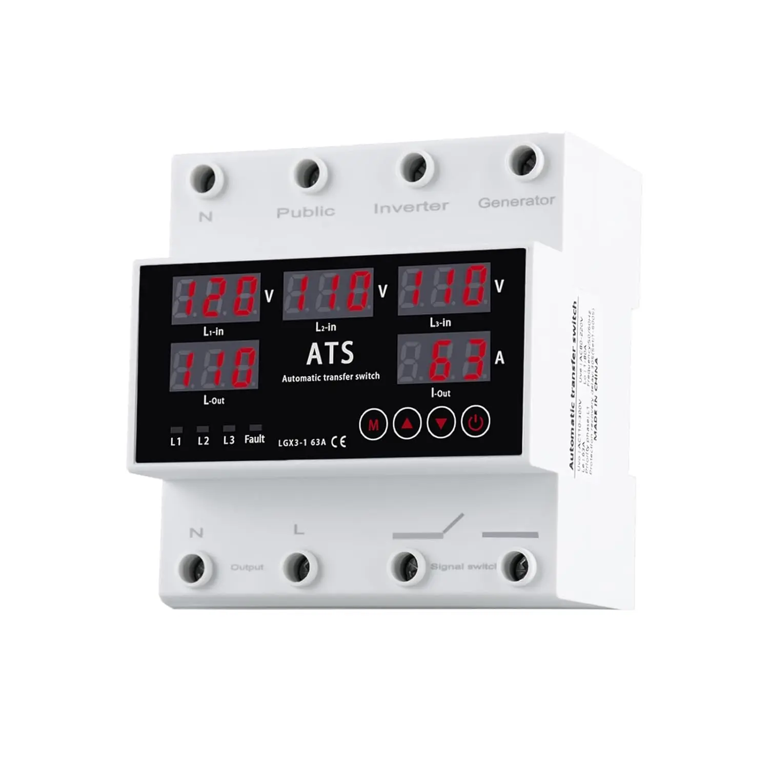 63A Automatic Transfer Switch for Home Solar-Wind Systems, Synthetic Durable Design, Overcurrent-Overvoltage-Undervoltage Protection, LED Display, Adjustable Parameters, Flexible Settings