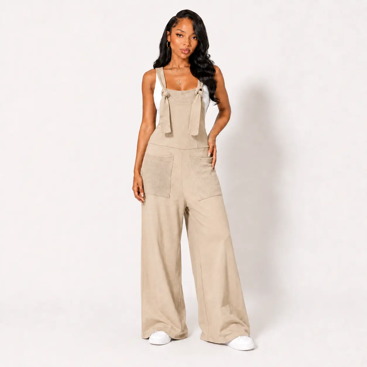 Women's Chic Tied Wide-Leg Overalls - Sleeveless Fitted Polyester Blend Jumpsuit with Pockets, Straps - Casual Minimalist Apparel, Basic Tube Top Style, Overalls For Women