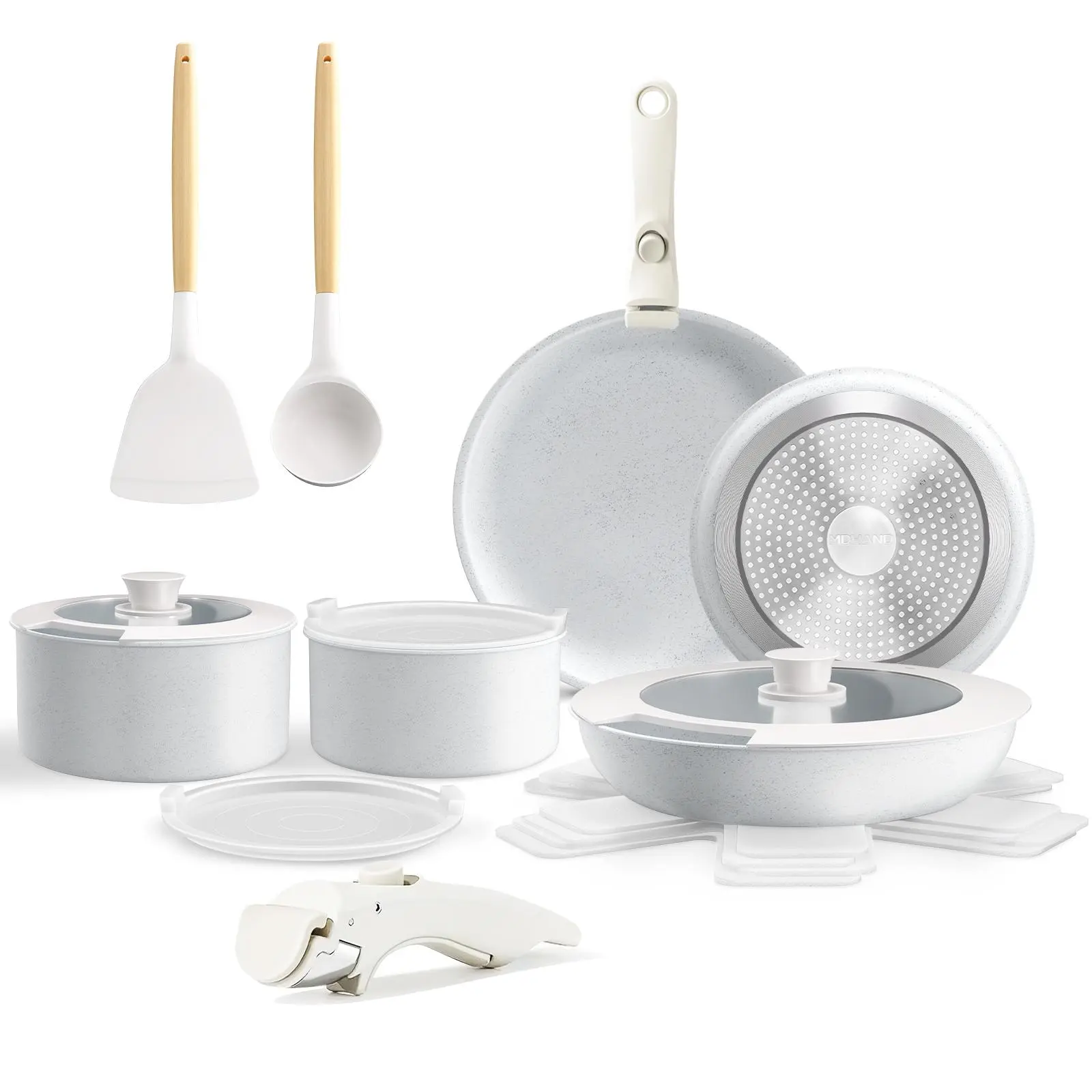 【ToolUpgrade】 17pc Round RV Cooking Non-Stick Induction Kitchen Cookware Sets - 1.5L Saucepan, 8" & 10" Fry Pans, Milk Pot, Silicone Glass Lid, Removable Handle, Oven Safe Ceramic Pots and Pans Set
