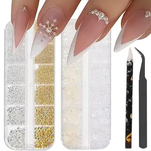 2 box 3D Nail Art Charms, Nail drill pen and tweezers, Silver Gold Metal Beads, Flat Back Rhinestones Small Pearls, Mixed Sizes for DIY Nail Decorations