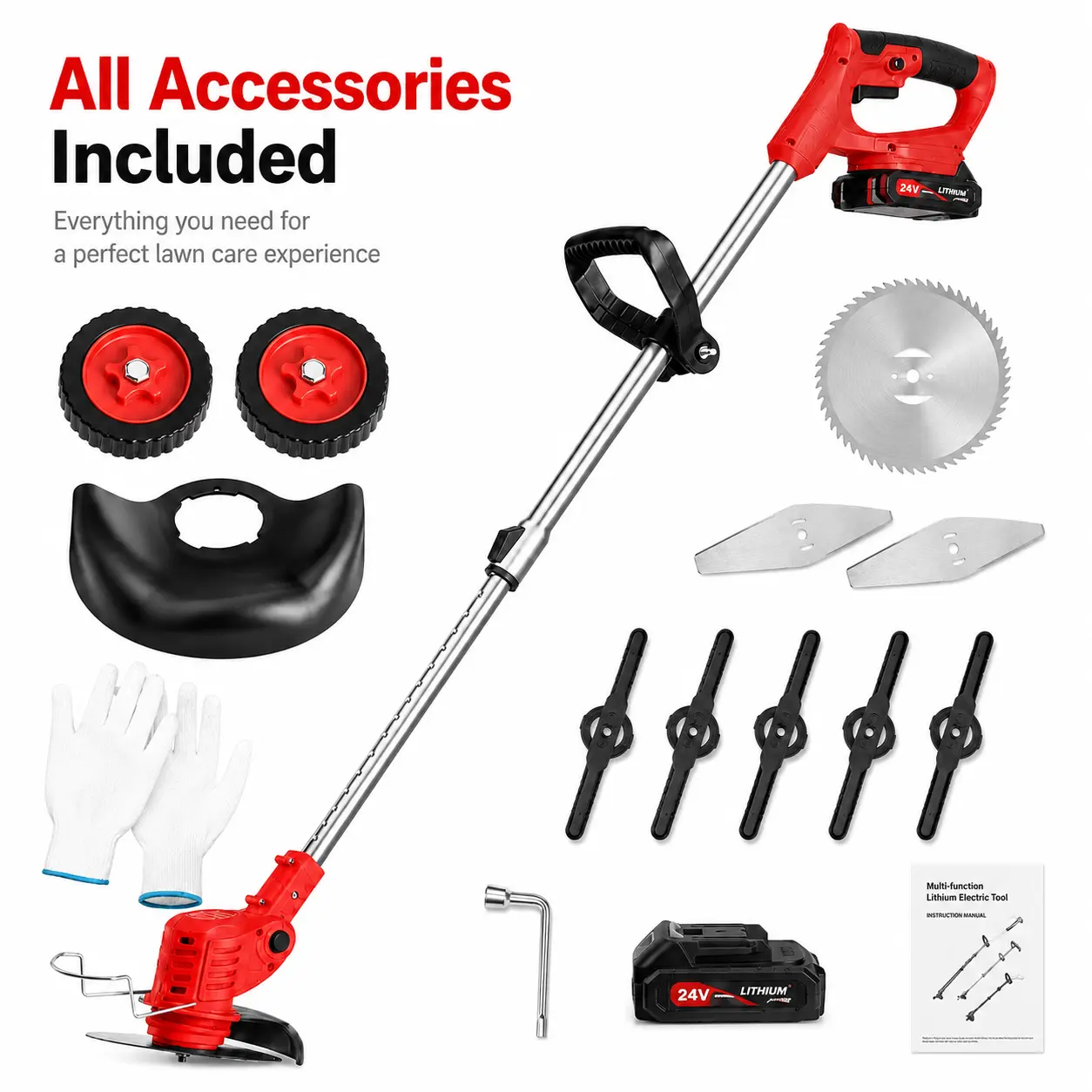 Cordless electric weeding machine with adjustable telescopic shaft, powered weeding machine and multi blade lawn mower, suitable for courtyards and gardens