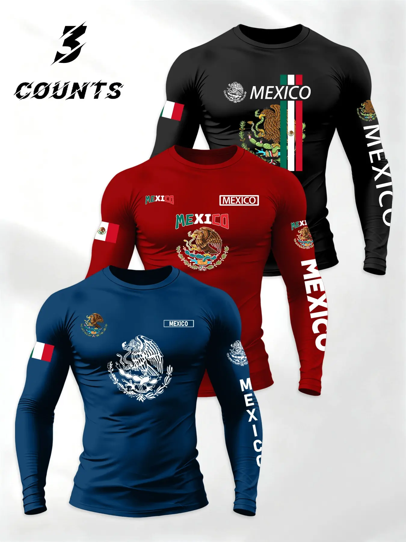 Men's Mexican Theme Flag Letter Print T-Shirt Set, Athleisure Long Sleeve Sportswear, Casual Athletic Apparel, All-Season Casual Outfit, Sporty Style Clothes for Daily Wear, Fitness, Outdoor Activities