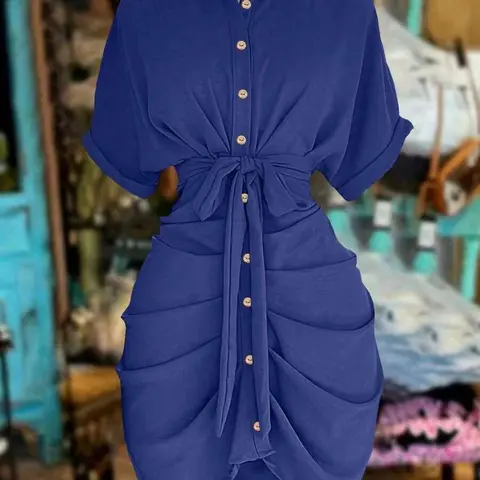 Women's Lapel Single-Button Waist-Belt Short-Sleeve Shirt Dress, Solid Color, Elegant Casual Wear, Perfect for Daily Wear, Everyday, Comfortable and Stylish Design