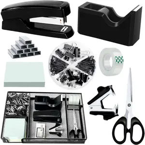 Black Office Desk Accessories, Black Office Supplies Set, Desk Drawer Organizer,Stapler and Tape Dispenser Set,Tape,Staple Remover, Staples, Paper Clips, Scissor and Sticky Note (Black)