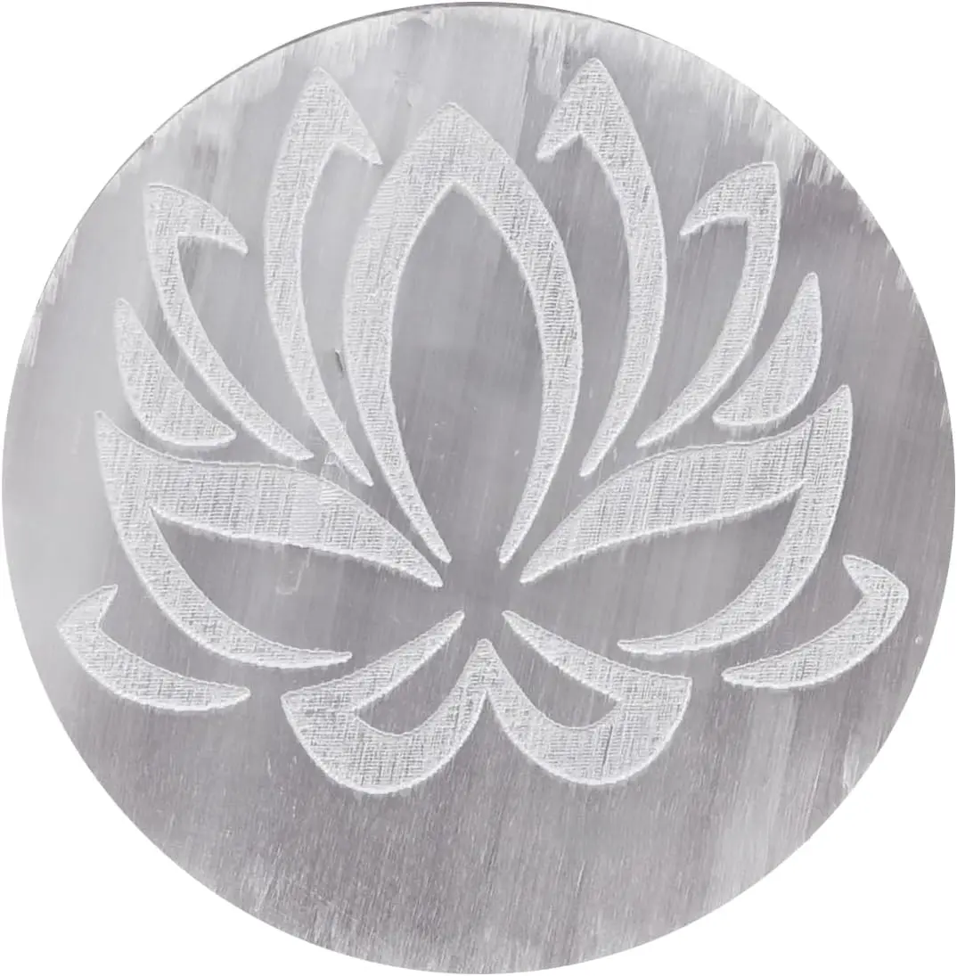 Selenite Crystal Charging Plate For Crystals And Healing Stones, 3" Selenite Crystal Plate Engraved Lotus Flower of Life Coaster For Home, Office Table Decor
