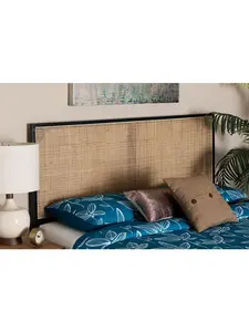 212 MAIN Aurelia Modern Bohemian Queen Rectangular Headboard - Bayur Wood & Woven Rattan Construction, Black & Natural Brown Finish, 40.2x62.2x2 in, Height-Adjustable, Wall-Mount Indoor Furniture, Adjustable Bed Headboards, Brown Headboards