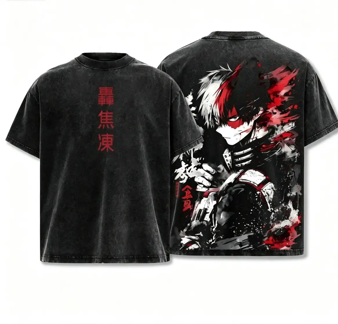 Todoroki Shouto My Hero Academia The Movie Tee Washed – Half Cold Half Hot Vintage Washed Oversized Heavy Cotton Unisex Anime Manga T-Shirt, Double Printed Retro Streetwear Top Gift for Hero Fans all-season casual teeny t-shirt gift good graphic shirt