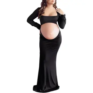 Cut Out Maternity Dress  Photos Open Belly Long Sleeve Photography Gown Square Neck Maternity Outfit Dresses