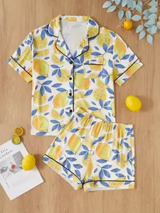 Women's Sleepwear Set Lemon Print Short Sleeve Top with Shorts, Loose Elastic Shorts, Casual All Season Wear, Spring & Fall, Matching Pyjamas