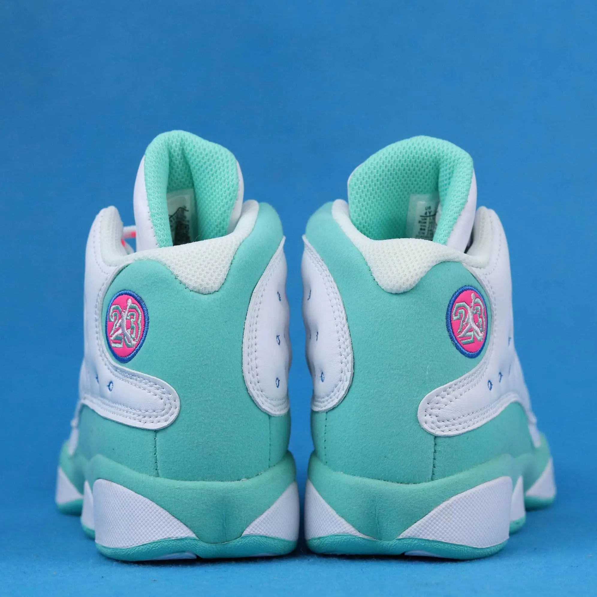 Unisex 2-Tone White & Mint Green Suede Mid-Top Retro Basketball Sneakers - Mint Green Traction Outsole, Circular Side Window, Pink Embossed Logo - Street Casual Sports Shoes for Daily Wear (Sports Collectibles)