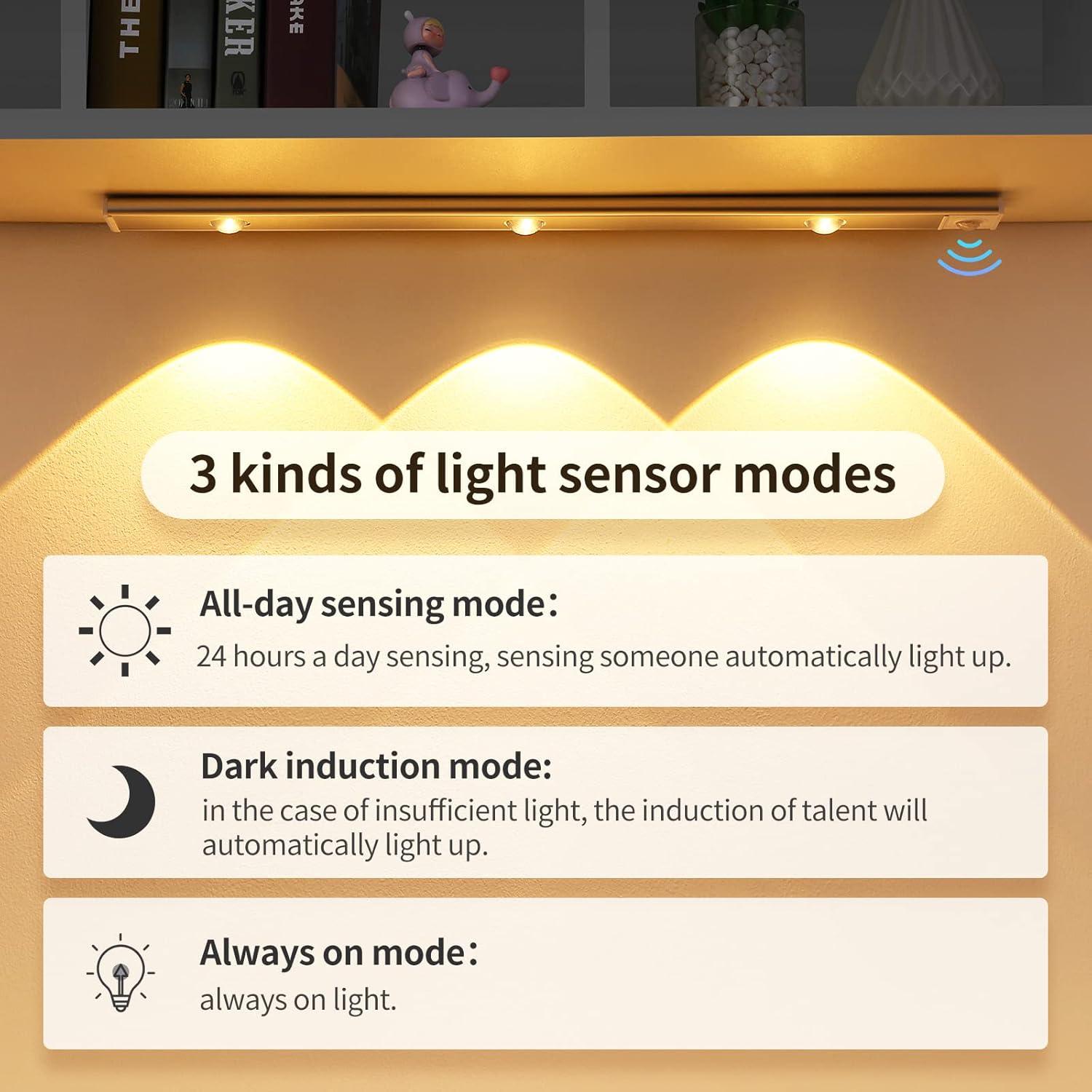 LED Motion Sensor Light, Under-Cabinet Lighting, Wireless USB Rechargeable Kitchen Night Lights, LED Lights for Wardrobe, Closets, Cabinets, Cupboards, Vanity Mirrors, 2 Count.