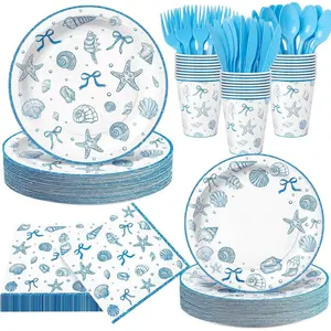 Honeydak 210 Pcs Seashell Beach Party Supplies, Serve 30 Coastal Theme Disposable Paper Plates Blue Ocean Starfish Party Decorations Napkins Forks Cups for Bachelorette Summer Birthday Baby Shower