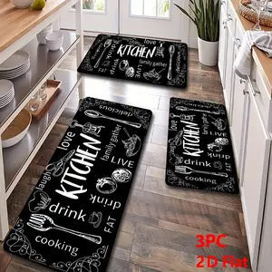 2pcs/3pcs Flannel Kitchen Mat Set, Base with Hand-Drawn Elements, Non-Slip, Absorbent, Home Decor