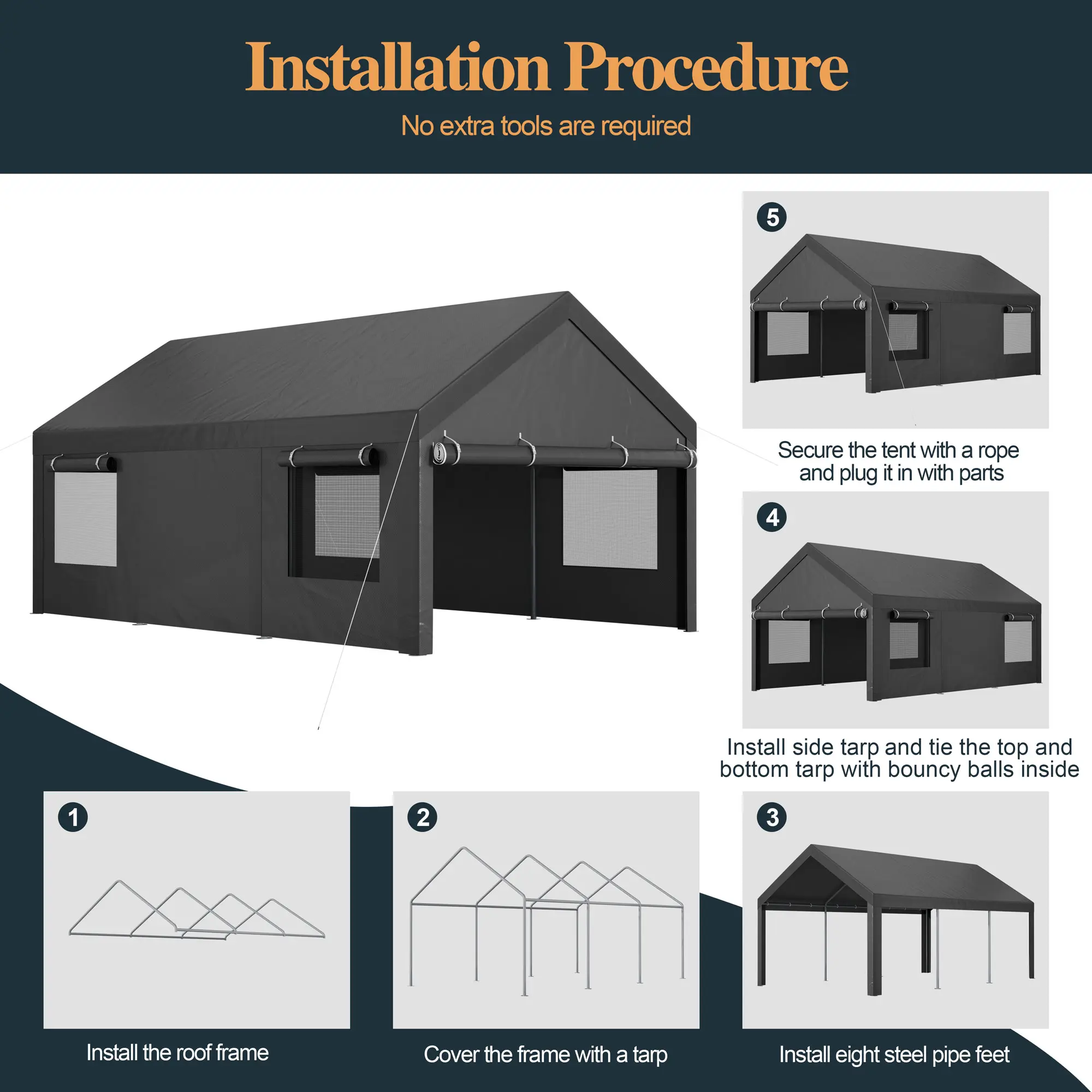 Walsunny Carport 12x20ft Outdoor Car Canopy Portable Garage, Heavy Duty Shed Tent Port with Roll-up Ventilated Windows & Removable Sidewalls Shelter Storage Vehicle Party Moisture Prevention for Camp, Farm, Tool, Grey, Khaki, White,Durable Pvc