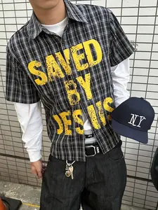 Men's Vintage Plaid Short Sleeve Shirt, Casual Spring Shirts, Streetwear Style with Bold “SAVED BY JESUS” Graphic Print, Religious Statement Top for Christian Youth and Casual Daily Wear