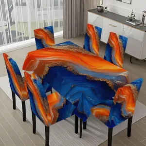 5/7-piece 2D Flat Printing Blue Orange Gold Abstract Fluid Printing Pattern Tablecloth and Chair Cover Set, for dining table and chair decoration, perfect for home, holiday gatherings, restaurants, and parties.