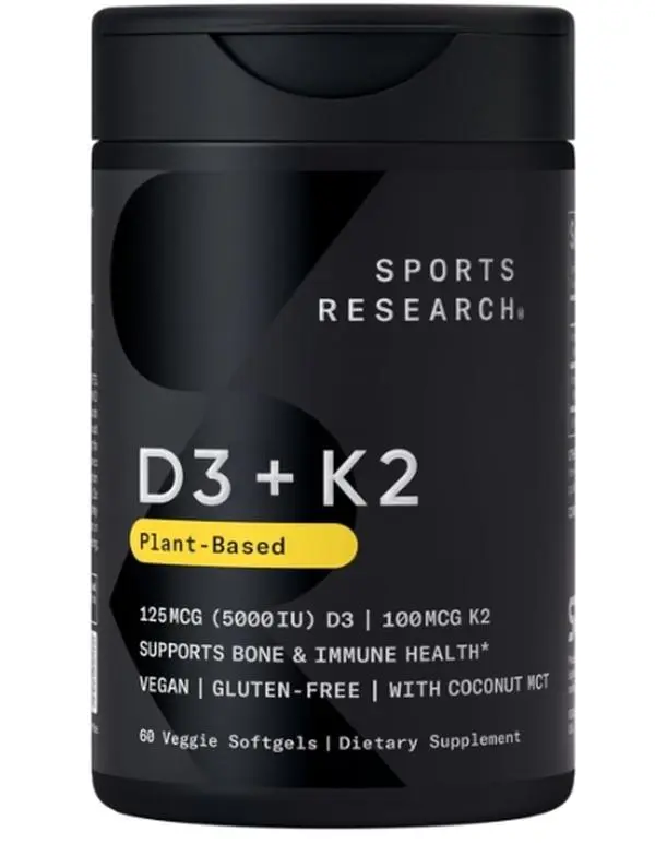 Sports Research Vitamin D3 K2 with Coconut Oil | Plant Based Vitamin K2 MK7 + Vegan D3 5000iu | Vegan Certified, Soy & Gluten Free - 60 Count Softgels