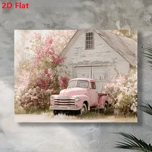 2D Flat No Frame Vintage Farmhouse Wall Decor, Pink Truck and Barn Country Style Canvas, Rustic Barn and Floral Background - Ready to Hang in Living Room, Kitchen, Suitable for Farmhouse Style Decoration
