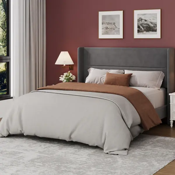 [FLASH SALE]  Garvee Queen Bed Frame with Wingback Headboard, Velvet Upholstered Platform Bed Frame with Sturdy Wooden Slats Support Queen Size, No Box Spring Needed, Easy Assembly, Gray