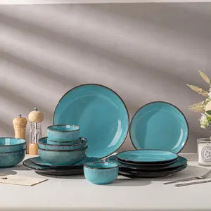4/8-piece ceramic dinnerware set, Western-style tableware suitable for 1-2 people, kiln-fired ceramic, sea blue, includes steak plate, salad bowl, condiment dish, microwave-safe, machine-washable