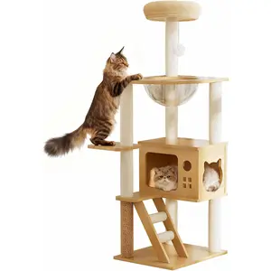 48.8" Cat Scratching Post, Tall Wood Cat Tree with Sisal-Covered Scratching Tower, Stable Cat Scratch Post for Indoor Cats, Modern Cat Tower with Top Perch & Acrylic Hammock for Small & Large Cats