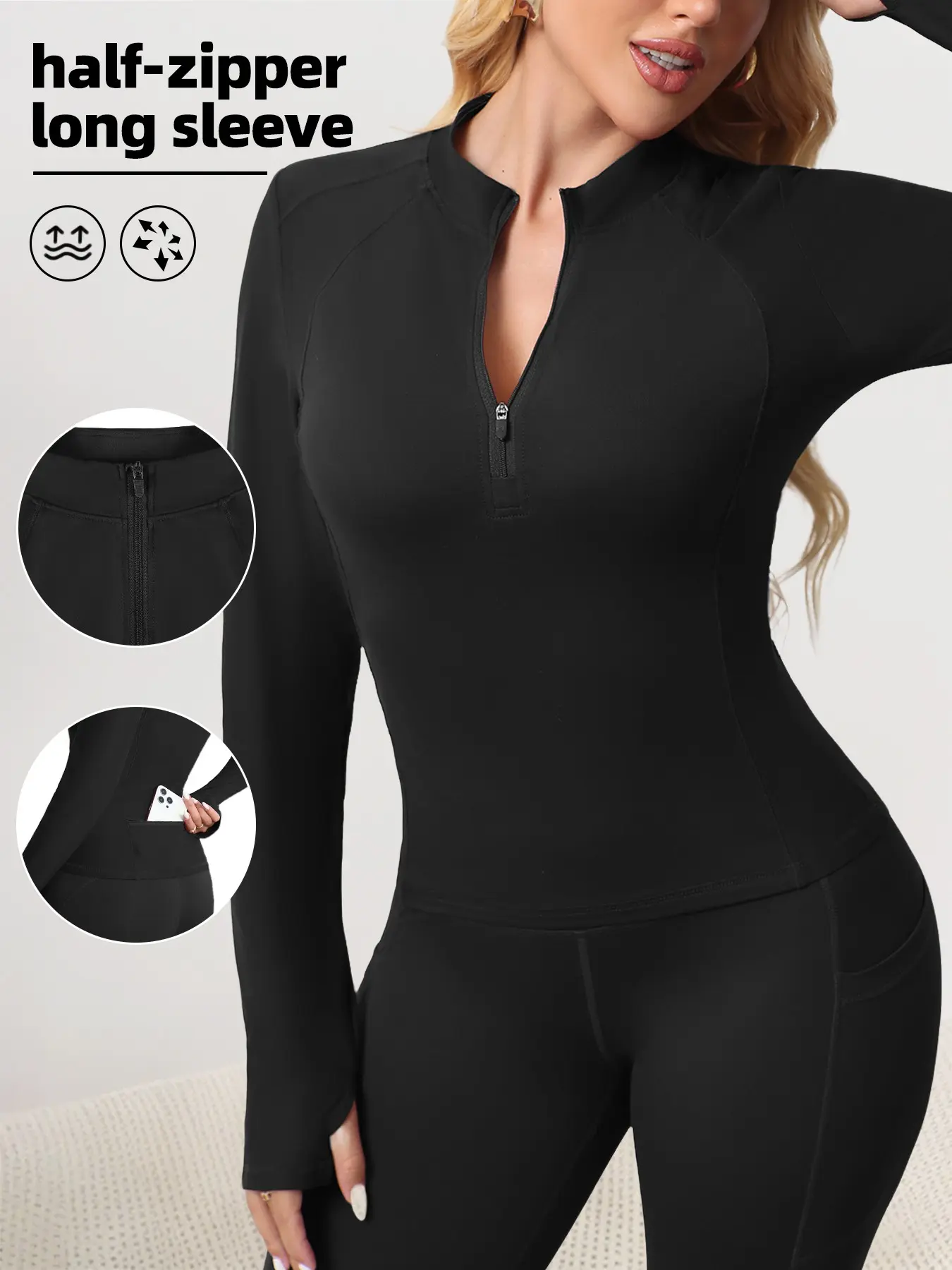 Women's Sporty Long Sleeve Pullover Sweatshirt, Half Zipper and Thumb Holes, Active Top, Fashionable Yoga Training and Casual Use