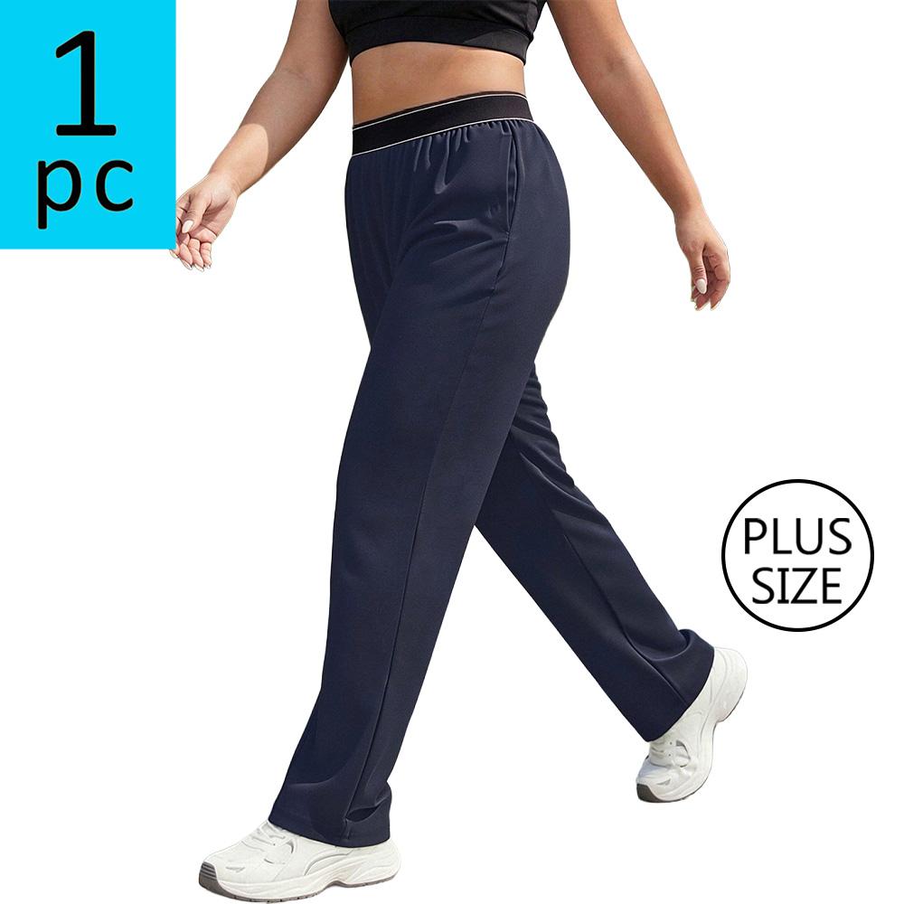 Plus-size women’s athletic casual pants with an elastic waistband and straight legs; solid color, versatile running/fitness/jogging pants; plus-size black straight-leg pants; medium stretch woven fabric; suitable for everyday wear and as a holiday gift.