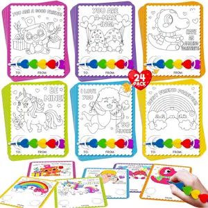 Rossorha Valentine Cards for School, 24 Stacking Heart Crayons with 24 Valentines Day Coloring Cards for Classroom Treats Prizes Supplies Valentines Party Favors for Boys Girls