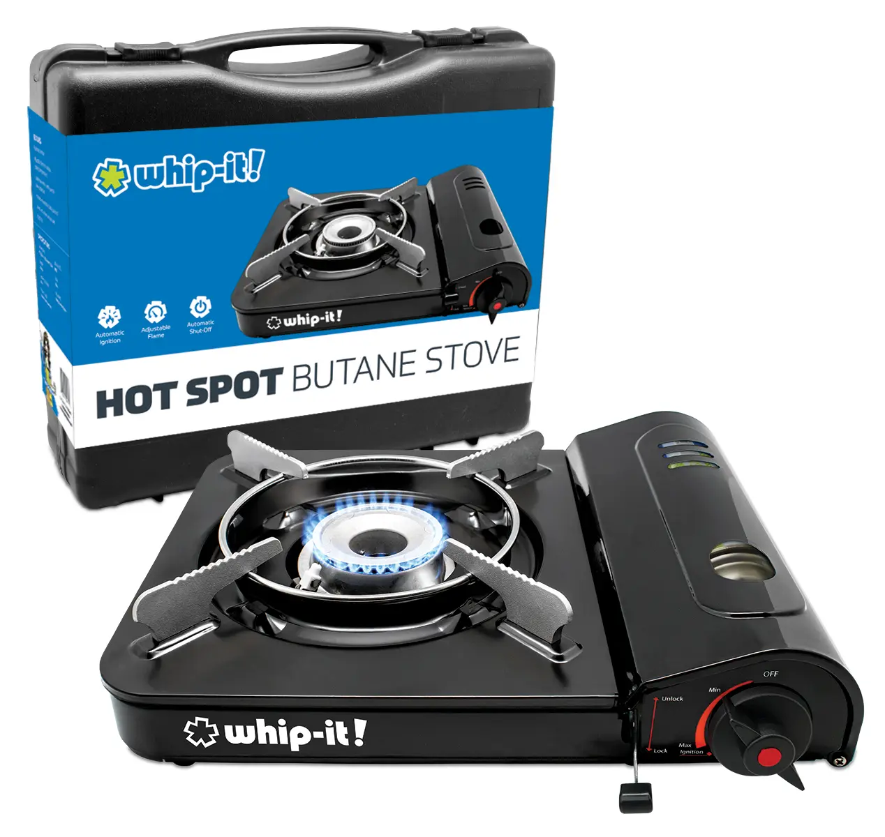 Whip-It! Butane Stove for Outdoor Cooking, Black Hot Spot with Automatic Safety Shut-Off Camping Kitchenware Camping Accessory