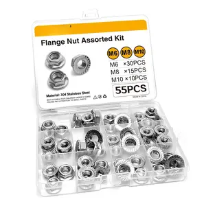 55 count Flange Nut Assortment Kit - Metric M6, M8, M10 Stainless Hex Flange Nuts Steel for DIY Projects, Automotive Repairs, and  Improvement