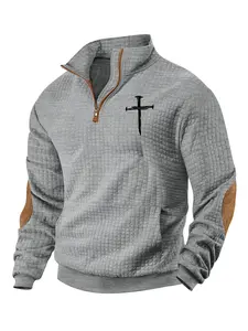 Men's cross-print waffle weave hoodie, Half Zip Sweatshirts, long-sleeve stand-up collar pullover, Jesus cross print, quarter z design, winter hoodie, daily holiday wear, street style casual outfit, suitable for spring, autumn and winter