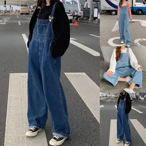 Women Denim Overalls Y2k Style Spaghetti Strap Retro Jumpsuits With Pockets Oversized Buttoned Wide Leg Playsuits