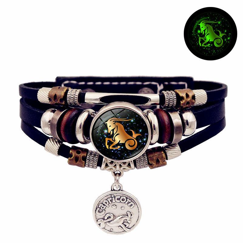 Luminous 12 Zodiac Signs Leather Bracelet — Unisex Gift, Commemorative, Handmade, Multi-Layer Beaded Wristband & Creative Jewelry