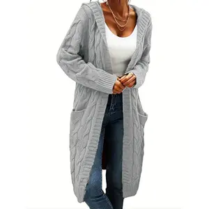 Elegant Plus Size Hooded Knit Cardigan, Long Sleeve Button Pocket Sweater Coat, Casual Plain Color Women's Fashion Outerwear