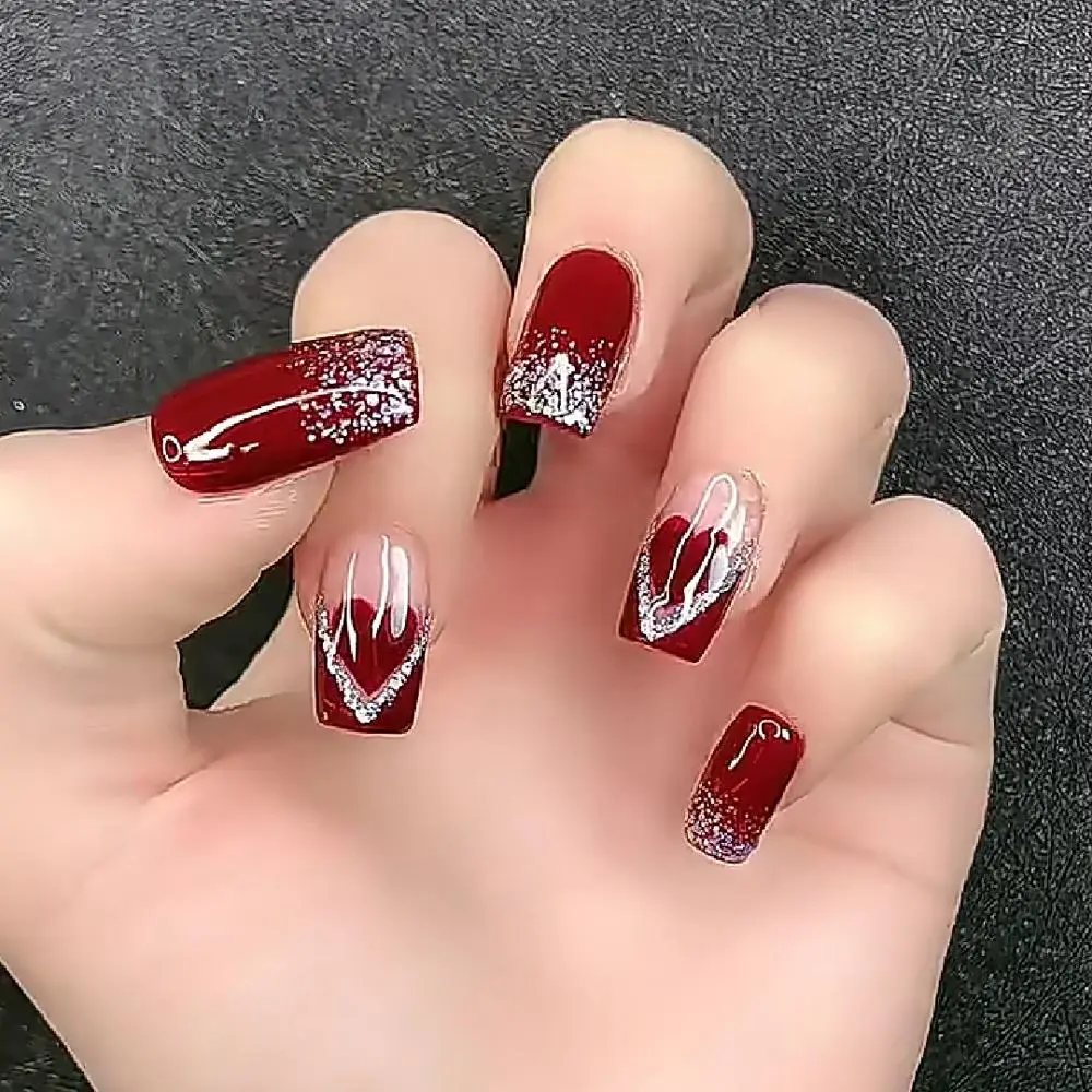 24pcs Glittering Fake Nails with 1 Nail File, 1 Manicure Stick & 1 Sticker Sheet, French Style False Nails, Long Square Press On Nails Stick On Nails for Nail Art, Red
